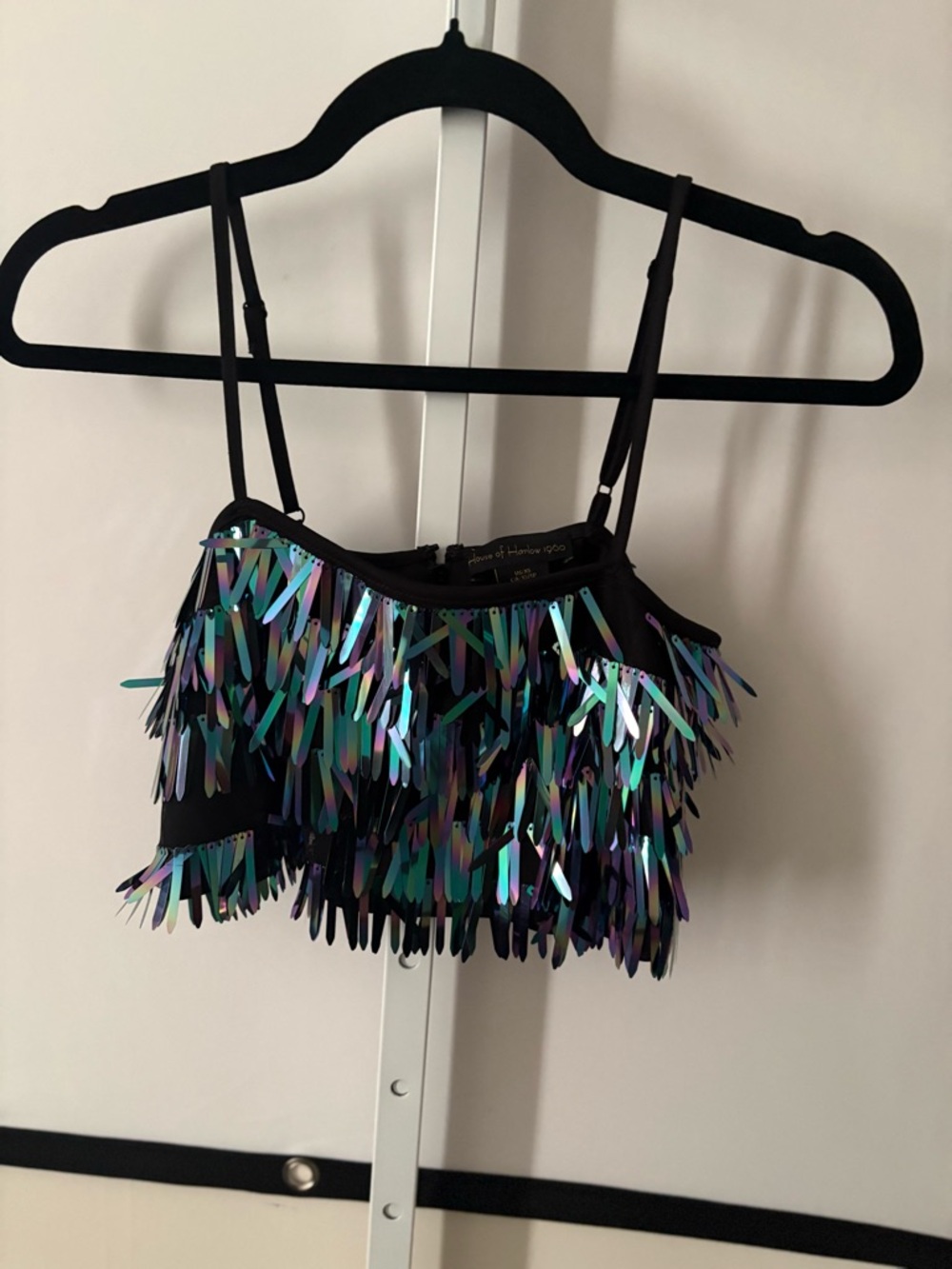 House of Harlow 1960 Black Iridescent Sequin Fringe Tank